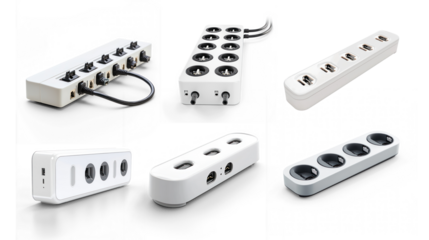 Collection of Power strip with multiple outlets and surge protection. isolated on transparent background