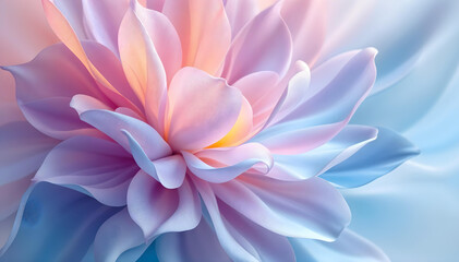 Fototapeta premium Macro shot of a delicate flower with soft pink and lavender petals transitioning to blue tones, creating a dreamy and ethereal aesthetic with smooth, silky textures.