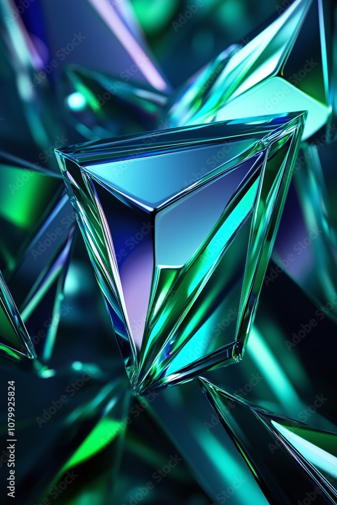 Poster abstract composition of multicolored geometric shapes with reflections and light play suitable for m