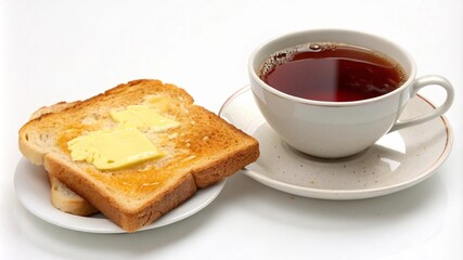 Cup of black tea and buttered bread isolated on white background. Buttered toast and tea