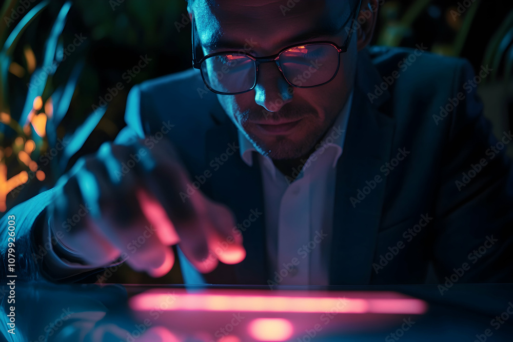 Poster businessman using fingerprint scanner to access data, cyber security concept --ar 3:2 -