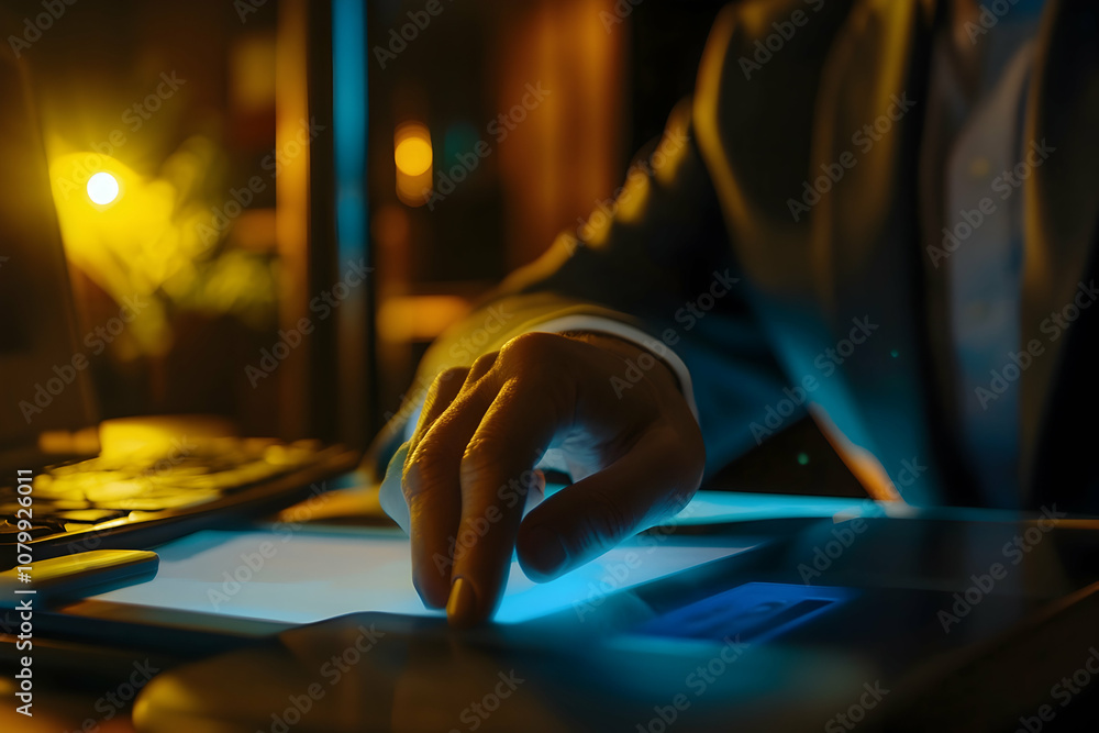 Poster businessman using fingerprint scanner to access data, cyber security concept --ar 3:2 -