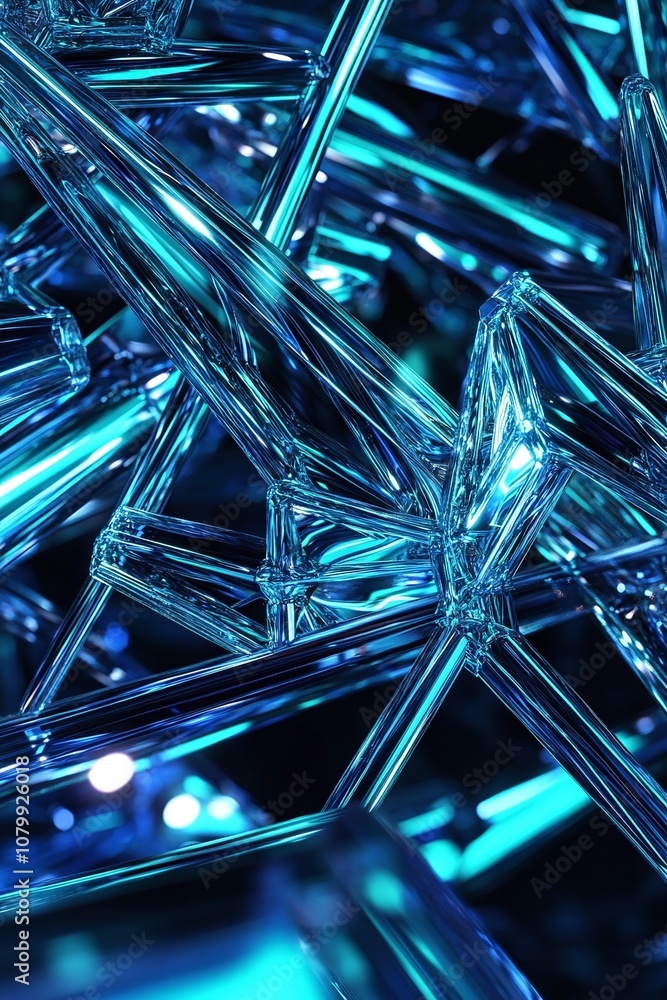 Poster abstract composition of sharp transparent crystal structures with vibrant blue illumination creating