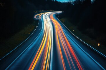 Obraz premium Long exposure photo of a highway at night with car lights streaking.