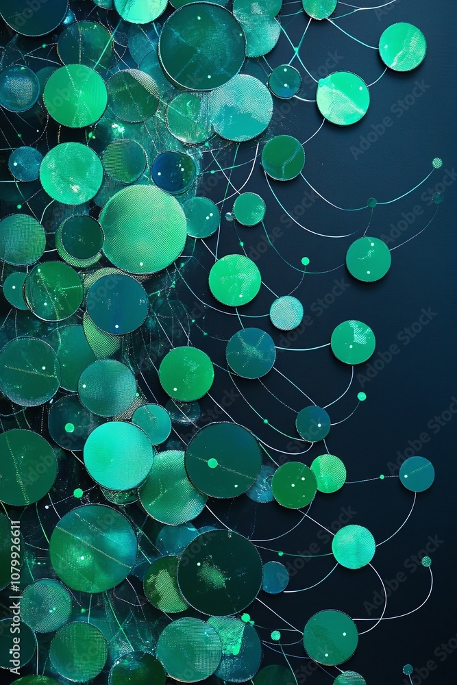 Poster abstract composition of vibrant green circular shapes and lines on a dark background, showcasing a m