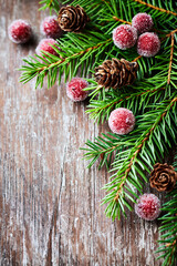 Christmas decoration on rustic wooden background. Close up.