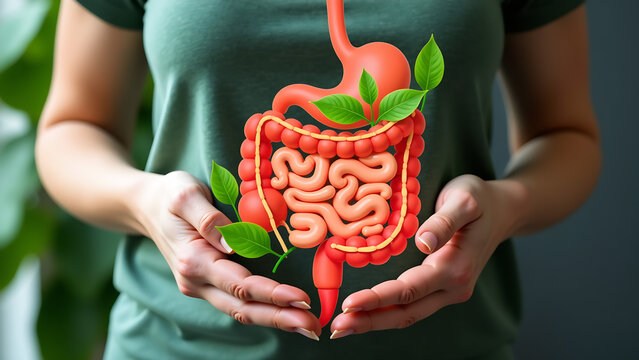 Woman holding stomach with a superimposed illustration of intestines surrounded by green leaves, representing digestive system health