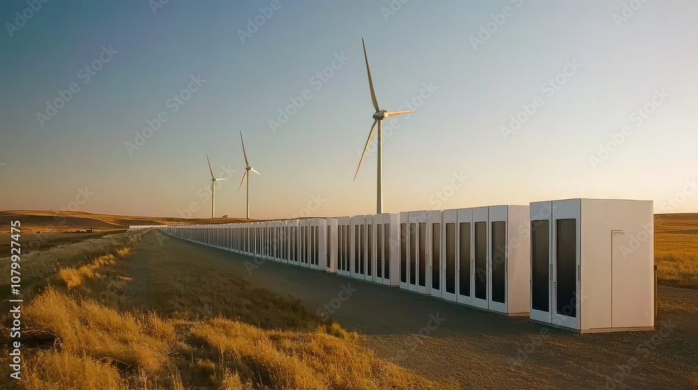 Poster Harnessing energy advanced battery rows renewable energy site image series outdoor environment low-resolution viewpoint
