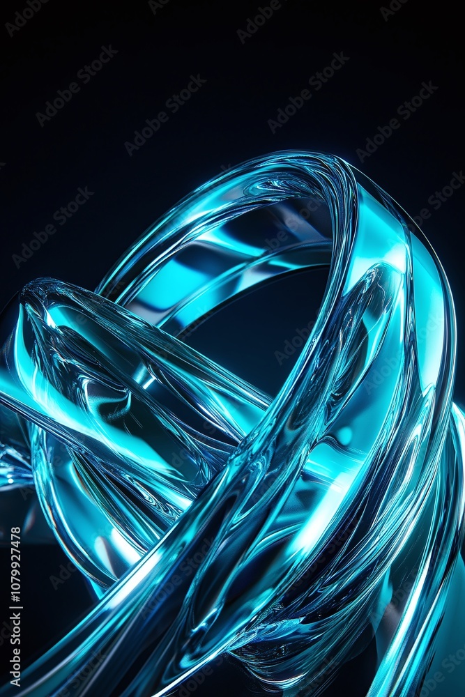 Poster Abstract Digital Art with Blue Transparent Fluid Lines Twisting and Flowing in a Dark Background, Creating a Sense of Motion and Depth for Modern Design Projects
