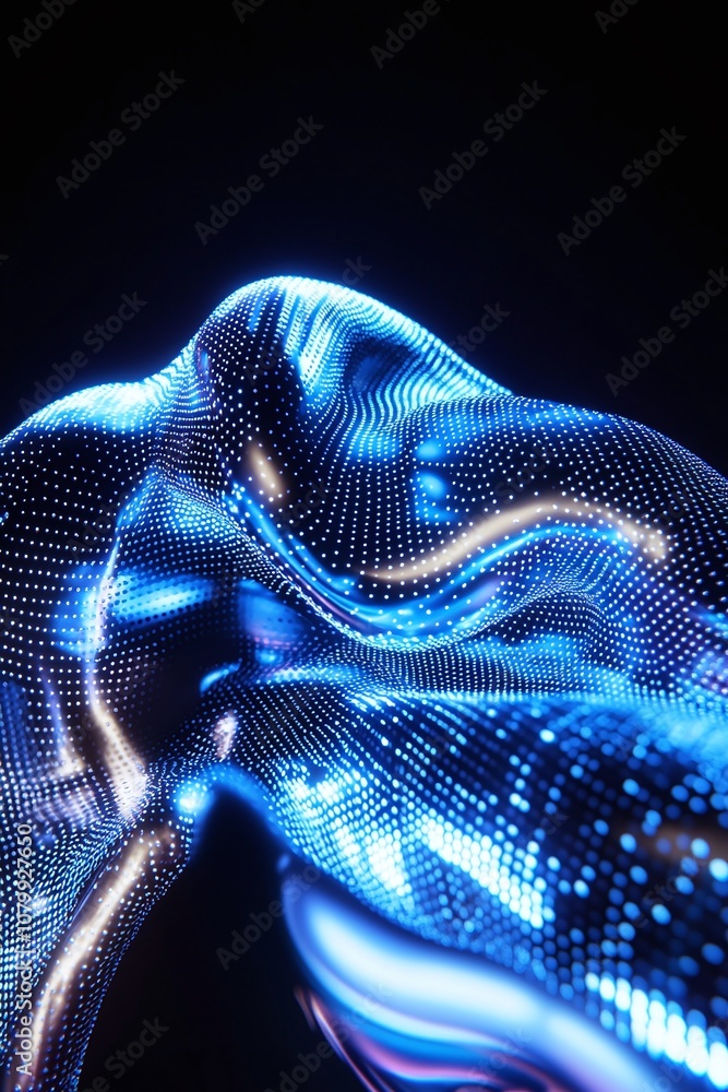 Poster abstract digital artwork featuring flowing lines of light and dots, creating a mesmerizing visual di