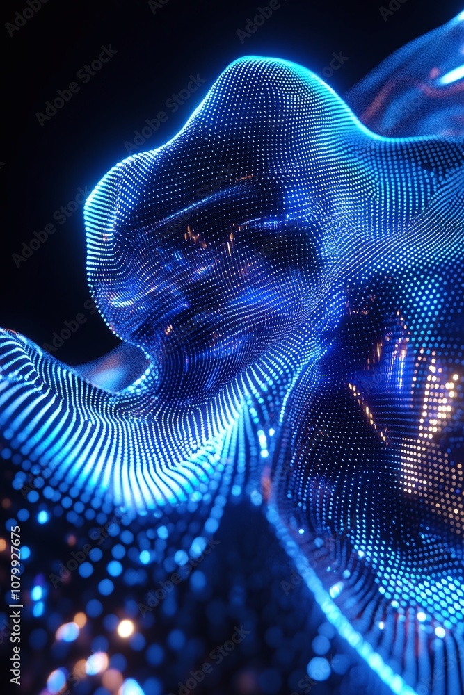 Poster abstract digital artwork featuring glowing blue particles creating a fluid form with a sense of moti