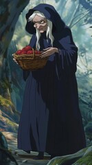 A ugly face old woman with a long witch-like nose and long stringy white hair carries a basket of apples.