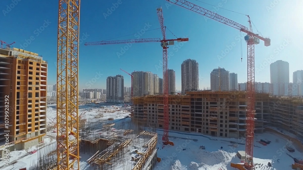 Poster a construction site with cranes and buildings in the background