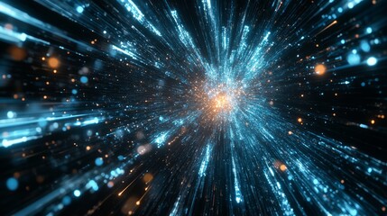 Naklejka premium A vibrant depiction of swirling data flow and energetic explosions, embodying the concept of hyper-speed space travel, on a rich black backdrop