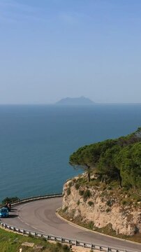 Scenic road for leisure car trips. Italy.
Aerial view of a road connecting Itri to Sperloga in lower Lazio, Italy.