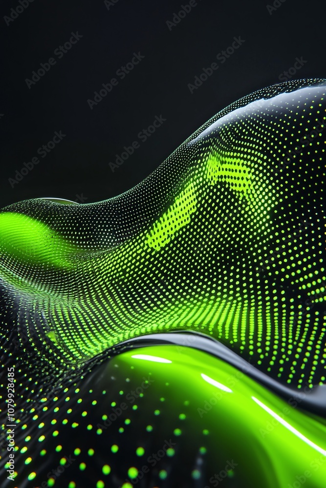 Poster abstract digital background with glowing green dots creating a wave effect, showcasing light reflect