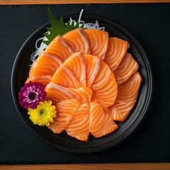 A plate of fresh salmon sashimi is beautifully arranged on a plate.