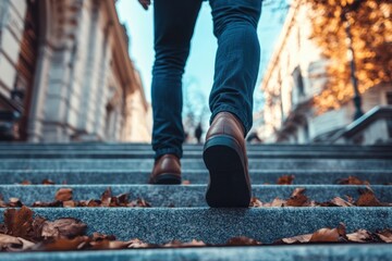 Fototapeta premium Man walking up stairs in city with fall leaves.