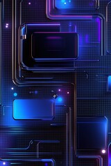 Abstract Digital Background with Neon Lights and Geometric Shapes Featuring Dark Rectangles and Circles on a Circuit Pattern for Modern Design Elements