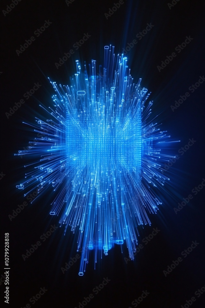 Poster abstract digital blue light explosion with lines and particles creating a vibrant visual effect on b