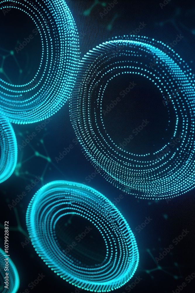 Poster abstract digital circles with blue neon glow and dots on dark background representing technology, sc