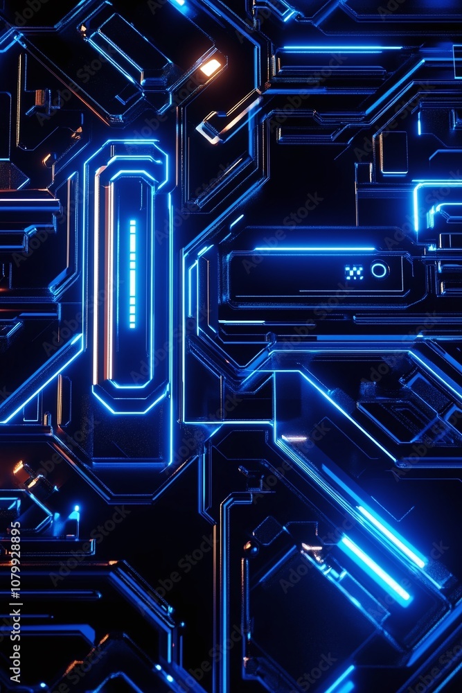 Poster abstract digital circuit background with glowing blue lines and high-tech patterns, ideal for techno