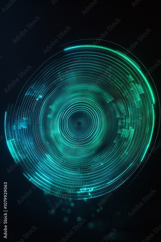 Poster abstract digital circular pattern with neon blue and green lights on a dark background, representing