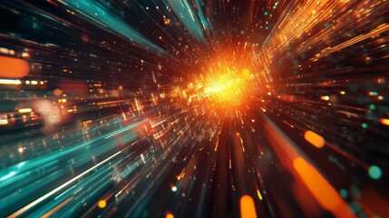 Fototapeta premium A vibrant sci-fi motion wallpaper depicting hyper-speed space travel, with luminous data streams and dynamic explosions, isolated on a single color background