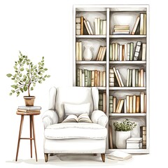 Cozy Reading Nook with a Bookcase Full of Books and Plants.