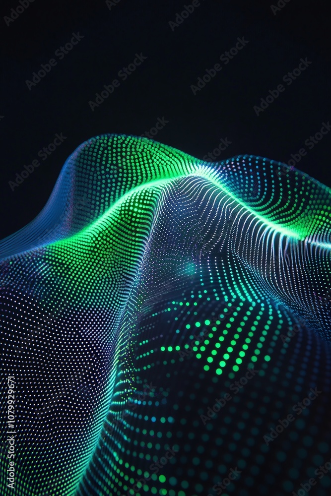 Poster abstract digital landscape with colorful waves of light and dots, representing data visualization an