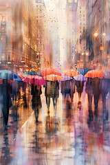 Obraz premium Rainy Urban Scene with Streetlights and Umbrellas – Watercolor