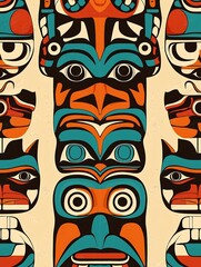 Fototapeta premium Vibrant Native Alaskan Tribal Pattern with Totem Pole Motifs and Stylized Animal Spirits in Symmetrical Arrangement