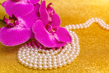 purple Orchid and pearl necklace on a shiny gold background