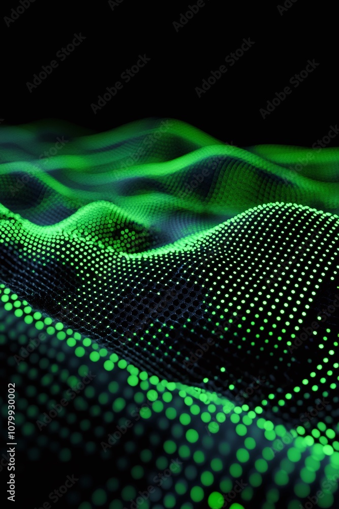 Poster abstract digital landscape with glowing green dots creating a wave-like structure against a dark bac