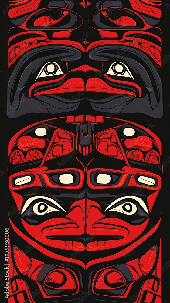 Poster tlingit tribal pattern with raven and salmon motifs in bold black and red color scheme