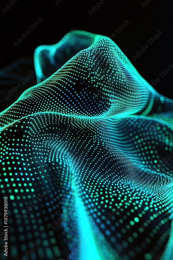 Poster abstract digital landscape with glowing lines and dots creating a fluid wave pattern in neon blue an