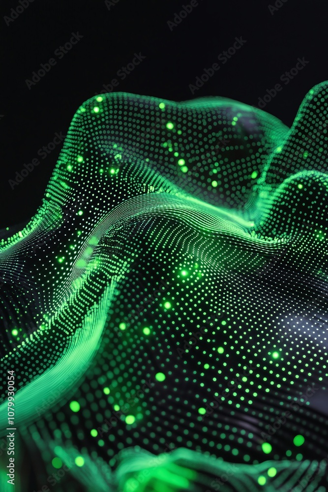 Poster abstract digital landscape with green dots representing data waves and movement, ideal for technolog