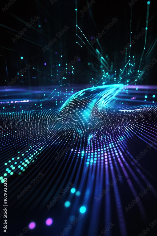 Poster abstract digital landscape with vibrant blue and purple particle flow creating a futuristic and dyna