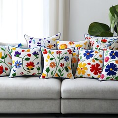 Colorful Floral Embroidered Pillows on a White Sofa.