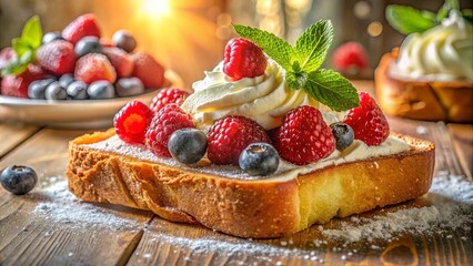 Aromatic Whipped Cream Topped with Sweet Berries and a Delicate Dusting of Powdered Sugar, Offering a Delightful Dessert Experience