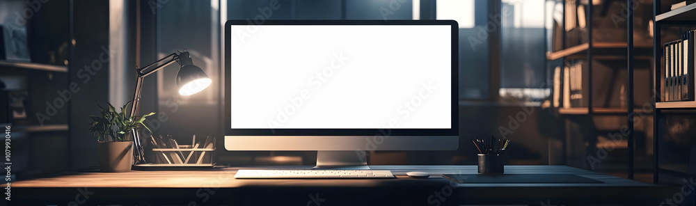 Poster computer with blank white screen on a desk in modern office, mockup for text display -