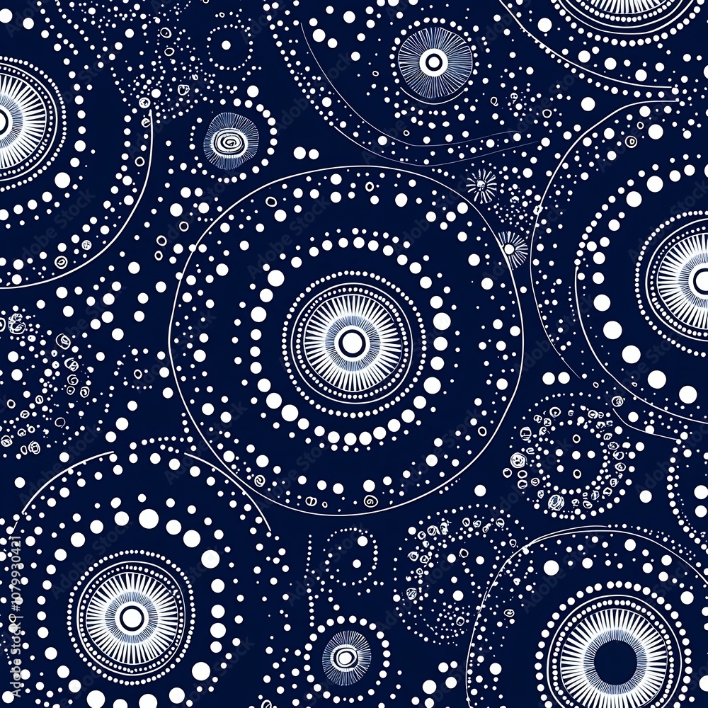 Poster aboriginal torres strait islander concentric circle and star motif pattern in deep blue and white