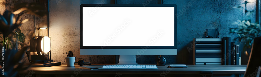 Poster computer with blank white screen on a desk in modern office, mockup for text display -
