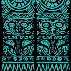 Bold Polynesian Tribal Pattern with Tiki and Wave Motifs in Turquoise and Black
