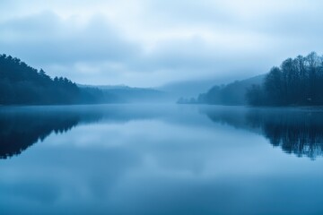 Fototapeta premium Misty morning lake with calm water and trees reflected in the water.