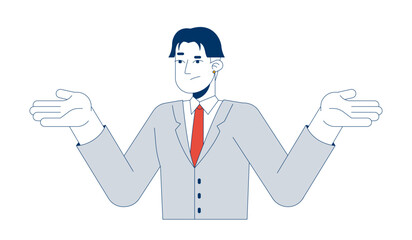 Doubting japanese businessman shrugging 2D cartoon character. Asian corporate employee expressing confusion by gesture isolated person flat vector on white background. Spot illustration colorful