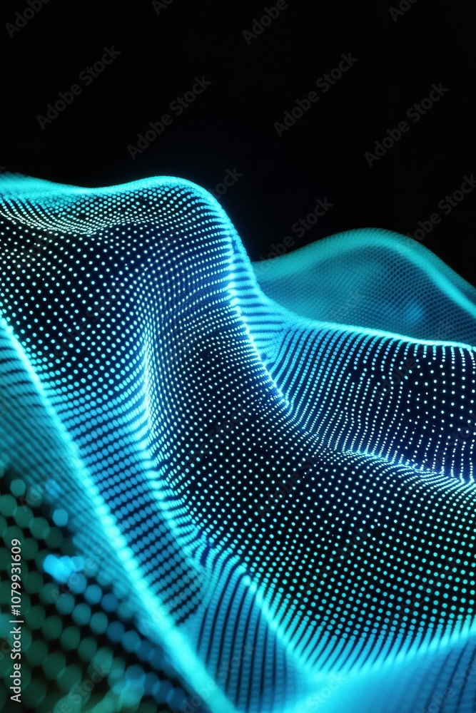 Poster abstract digital wave pattern with glowing blue dots creating a sense of depth and movement against 