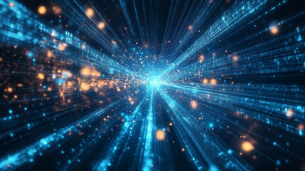 Abstract representation of futuristic data flow with glowing rays and explosion effects