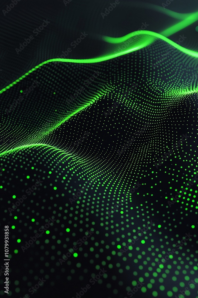 Poster abstract digital wave with green dots creating depth and texture in a dark background, representing 