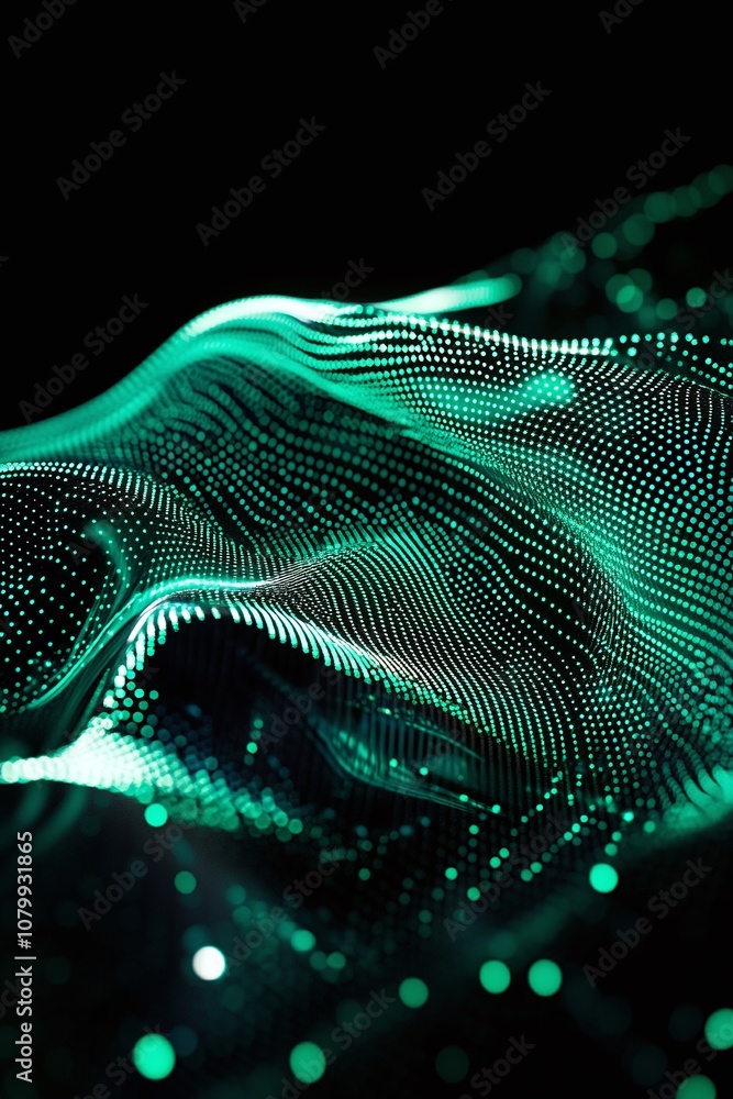 Poster abstract digital wave with green dots and light particles creating a flowing surface texture in a da